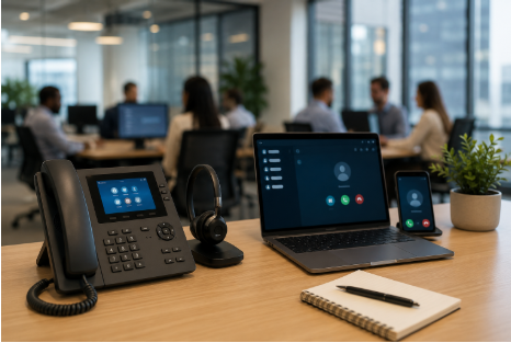 VoIP services Burlington office workspace featuring modern business phone systems, cloud communication technology, laptop, headset, and remote collaboration tools for business productivity